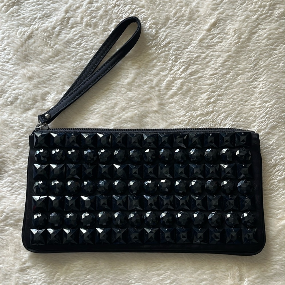 Loft Wristlet black satin sequin bag with top zipper closure and wrist strap